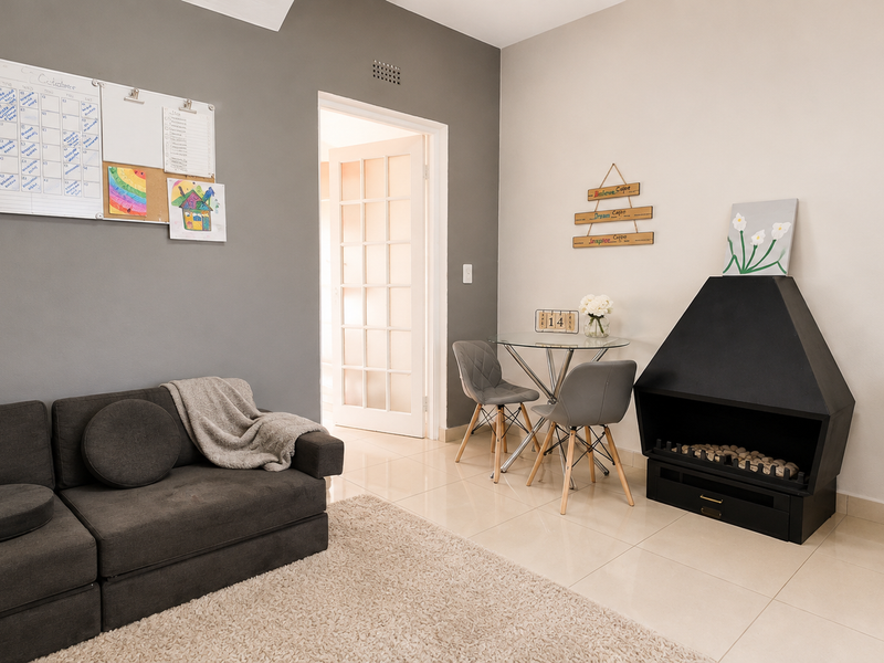 A well-maintained living room featuring neutral tiled flooring, a modern freestanding fireplace, and a classic french door leading to an adjacent space.