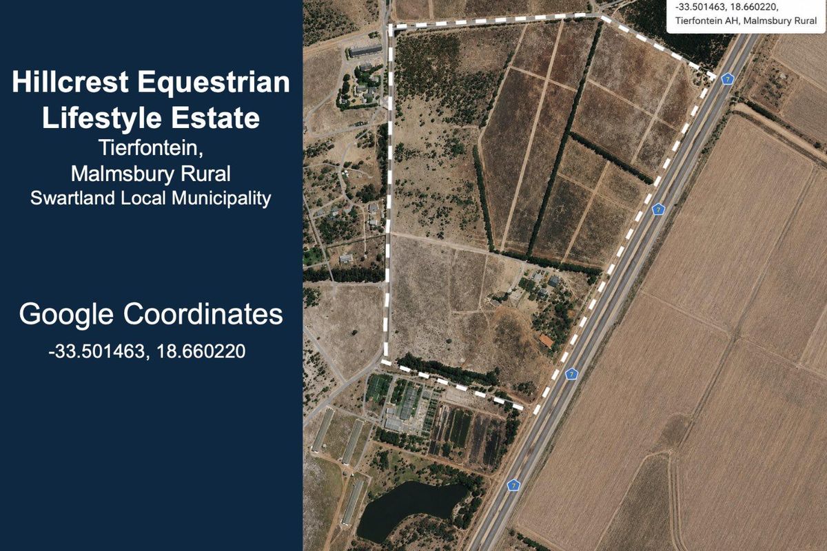 Aerial view of the Hillcrest Equestrian Lifestyle Estate in Tierfontein, Malmesbury Rural, showing the property boundaries and surrounding landscape.