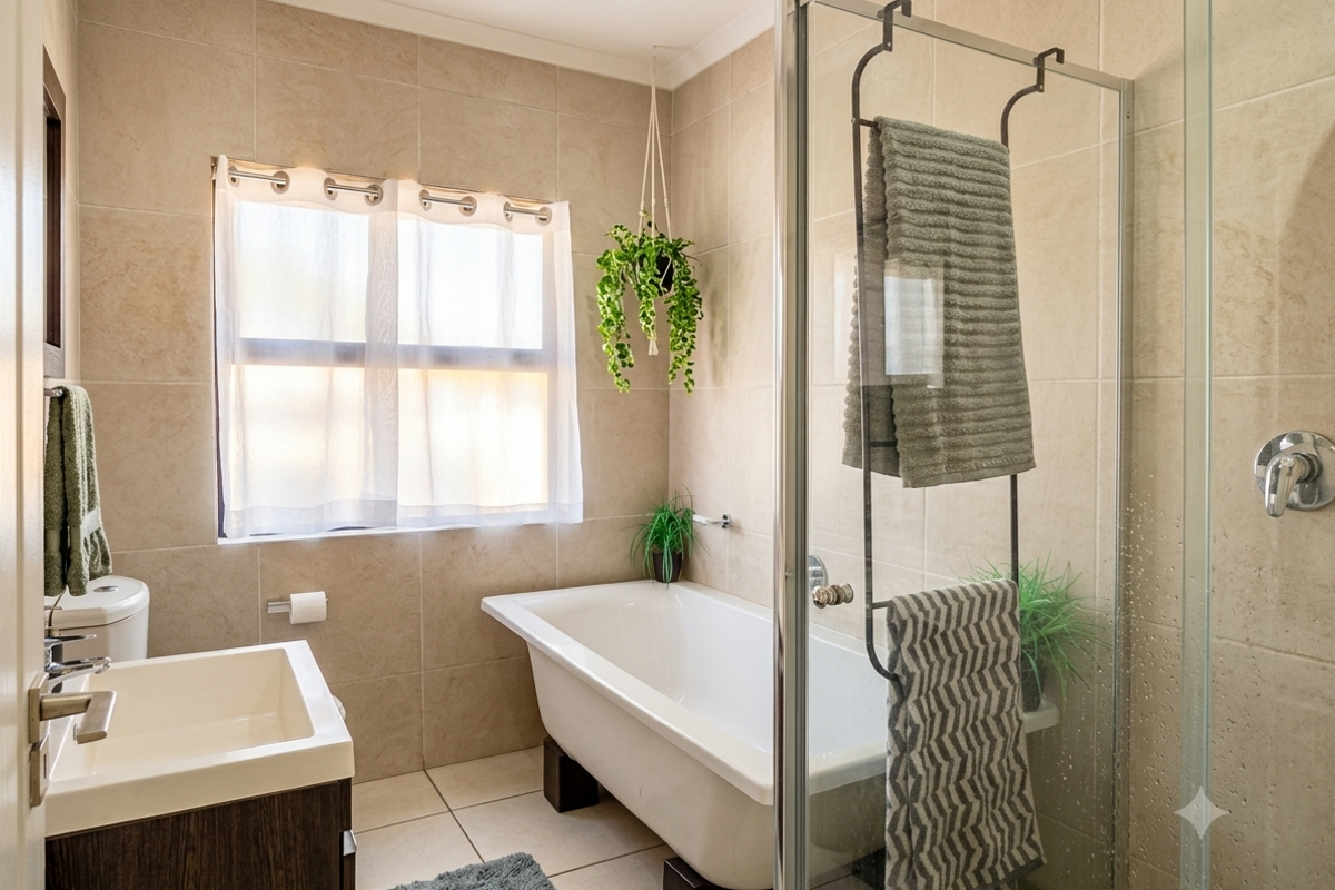 Modern bathroom featuring a freestanding bathtub, glass-enclosed shower, vanity cabinet with basin, and neutral floor-to-ceiling wall tiles.