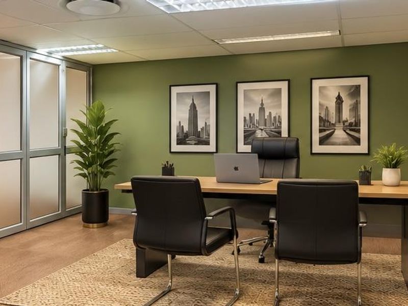A professional office space featuring a green accent wall, frosted glass partitions, suspended ceiling with recessed lighting, and carpeted flooring.