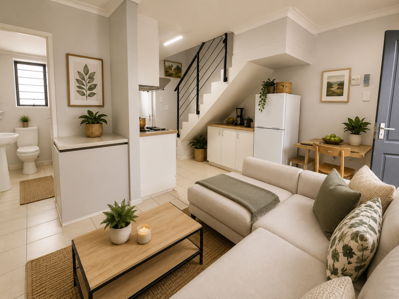 A bright open-plan living area featuring a modern staircase, compact kitchen with built-in cabinetry, and direct access to a tiled bathroom.