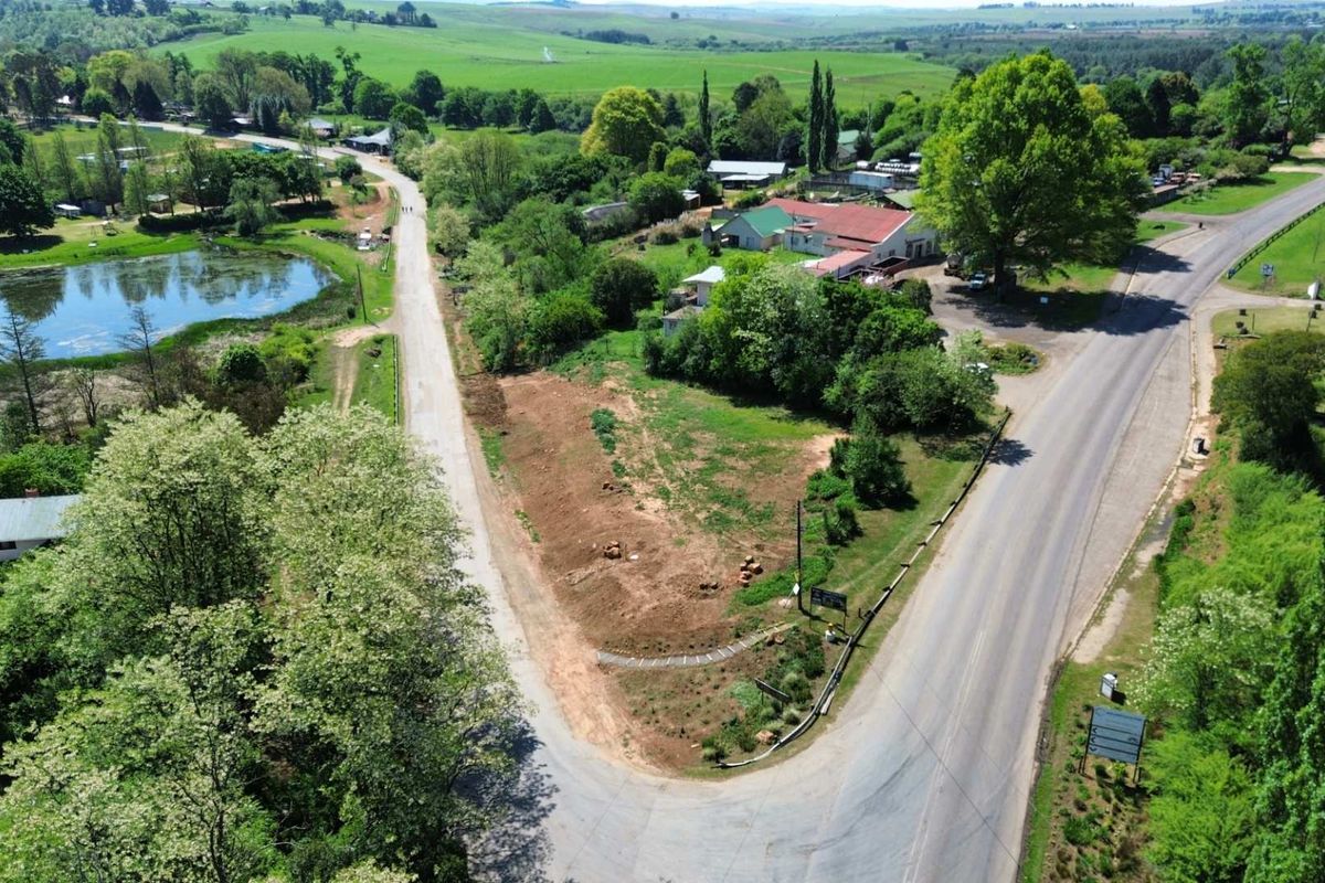 Aerial view of a vacant commercial land parcel featuring road frontage, mature trees, and proximity to a scenic water body in a rural setting.
