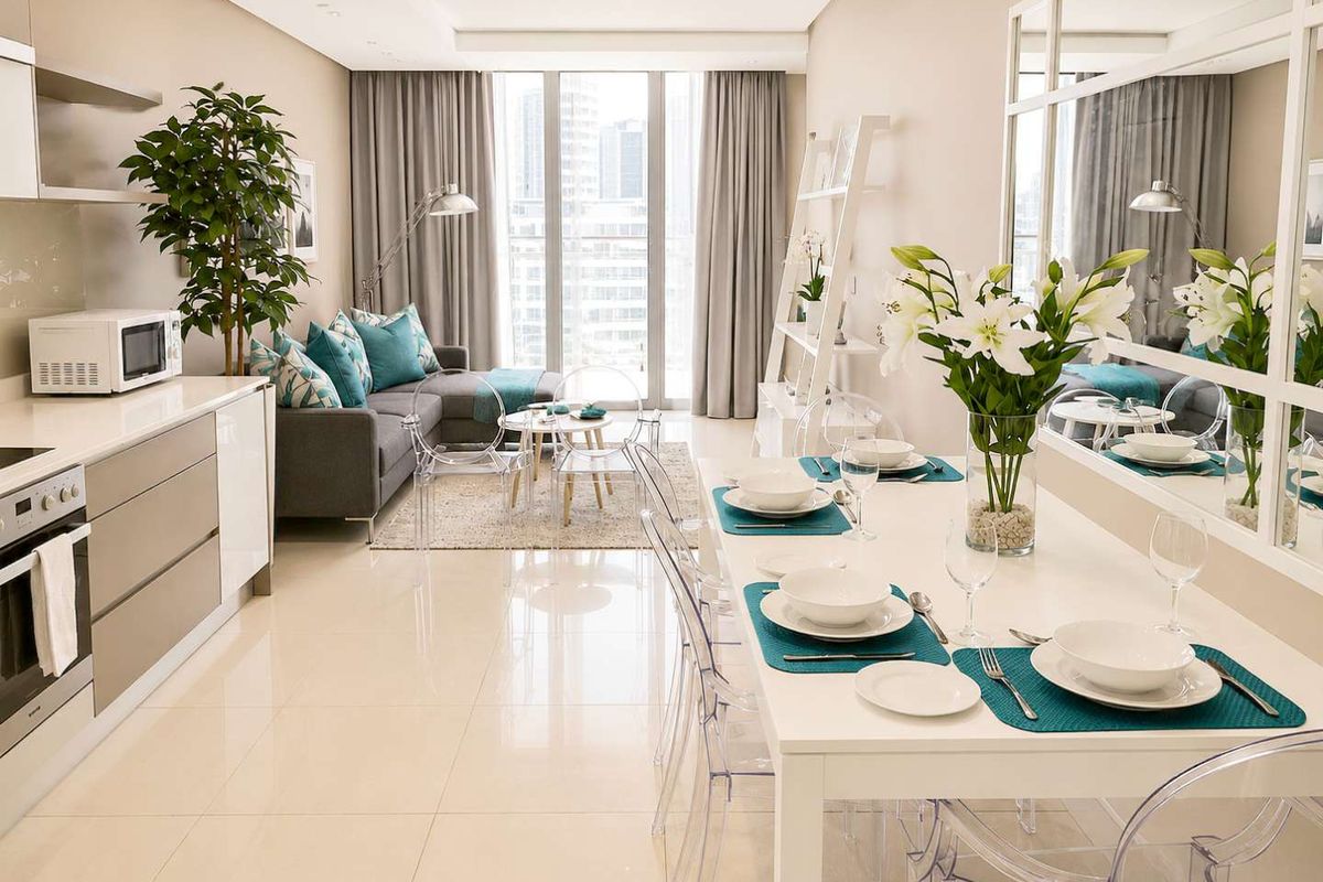 Modern open-plan apartment featuring a sleek kitchen, dining area, and living space with large windows and high-quality finishes.