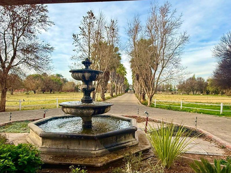 A scenic view of a small holding featuring a central stone fountain, a long paved driveway, and established trees lining the property entrance.