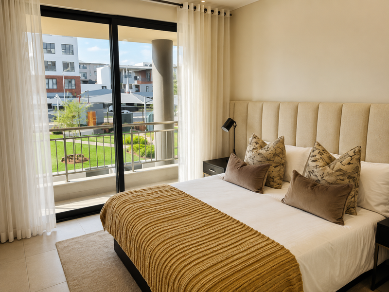 A well-maintained bedroom featuring a large sliding glass door leading to a private balcony with views of the surrounding complex.