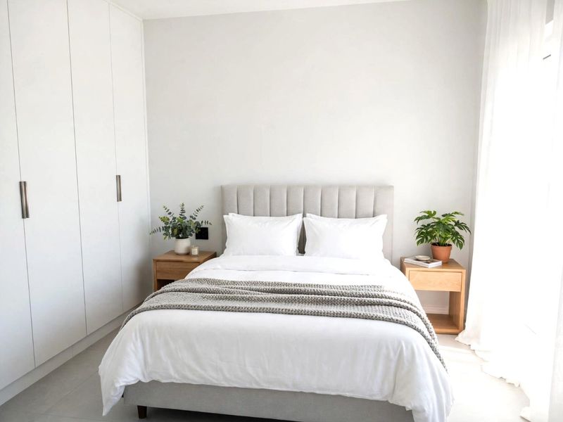 A bright and modern bedroom featuring neutral tones, clean lines, and ample built-in cupboard storage.