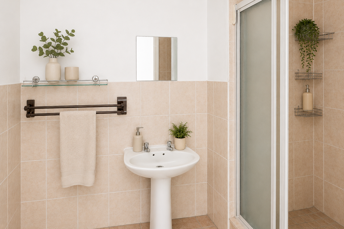 A functional bathroom featuring a pedestal sink, a tiled shower enclosure with a sliding glass door, and neutral wall tiling.