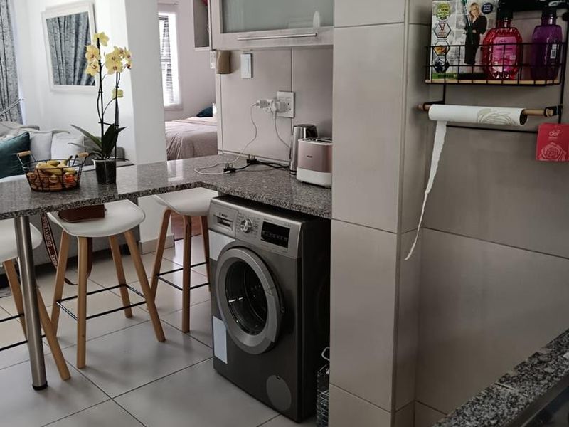 A functional kitchen area featuring granite countertops, built-in cabinetry, and an integrated washing machine, seamlessly connected to the living space.