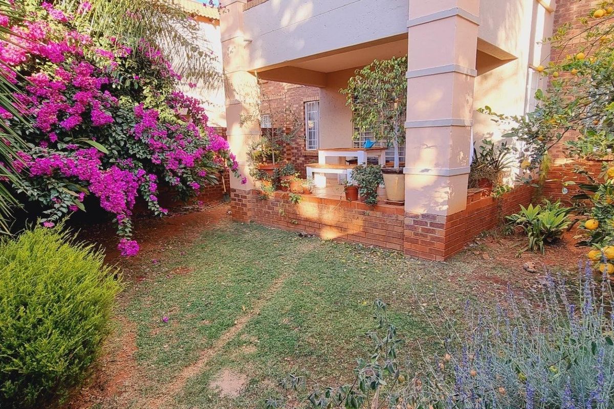A private rear garden featuring a covered patio with brick detailing, surrounded by established flowering shrubs and a fruit-bearing citrus tree.