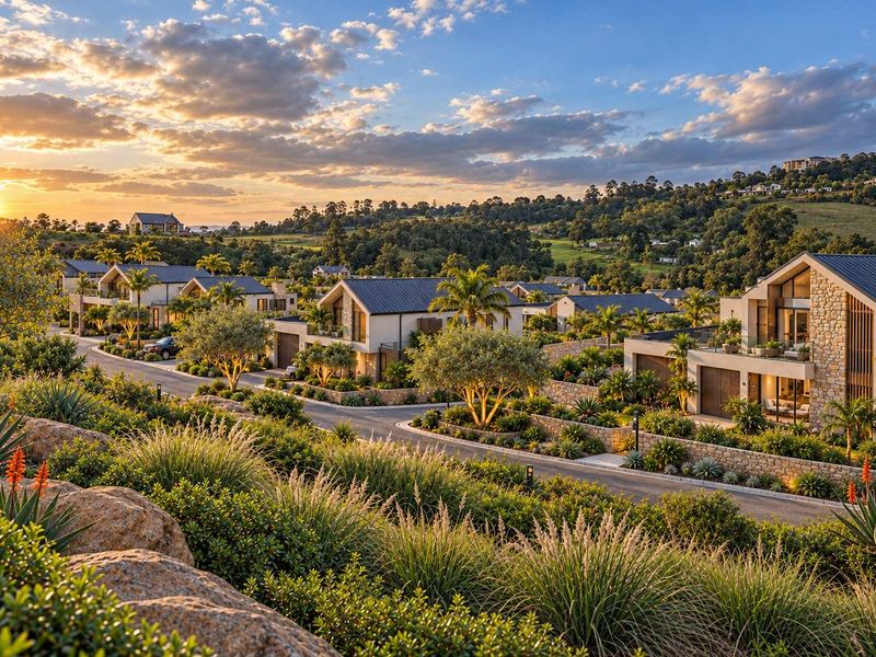 An elevated view of a modern residential estate featuring landscaped gardens, stone retaining walls, and contemporary homes with pitched roofs at sunset.