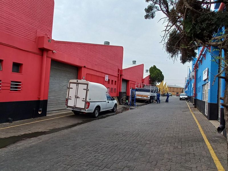 Exterior view of an industrial complex featuring vibrant red and blue painted facades with roller shutter doors and a paved access road.