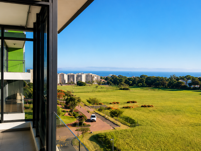 A modern balcony with a glass balustrade and tiled flooring, offering expansive views over the surrounding green landscape and distant ocean.