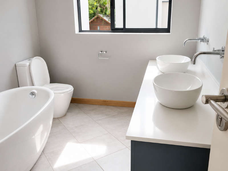 Modern bathroom featuring a freestanding bathtub, dual vessel sinks on a vanity cabinet, and neutral tiled flooring with natural light.