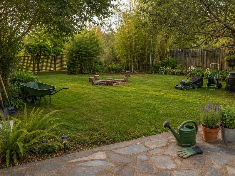 A lush, well-maintained garden featuring a stone-paved patio area, mature trees, and established bamboo screening for privacy.