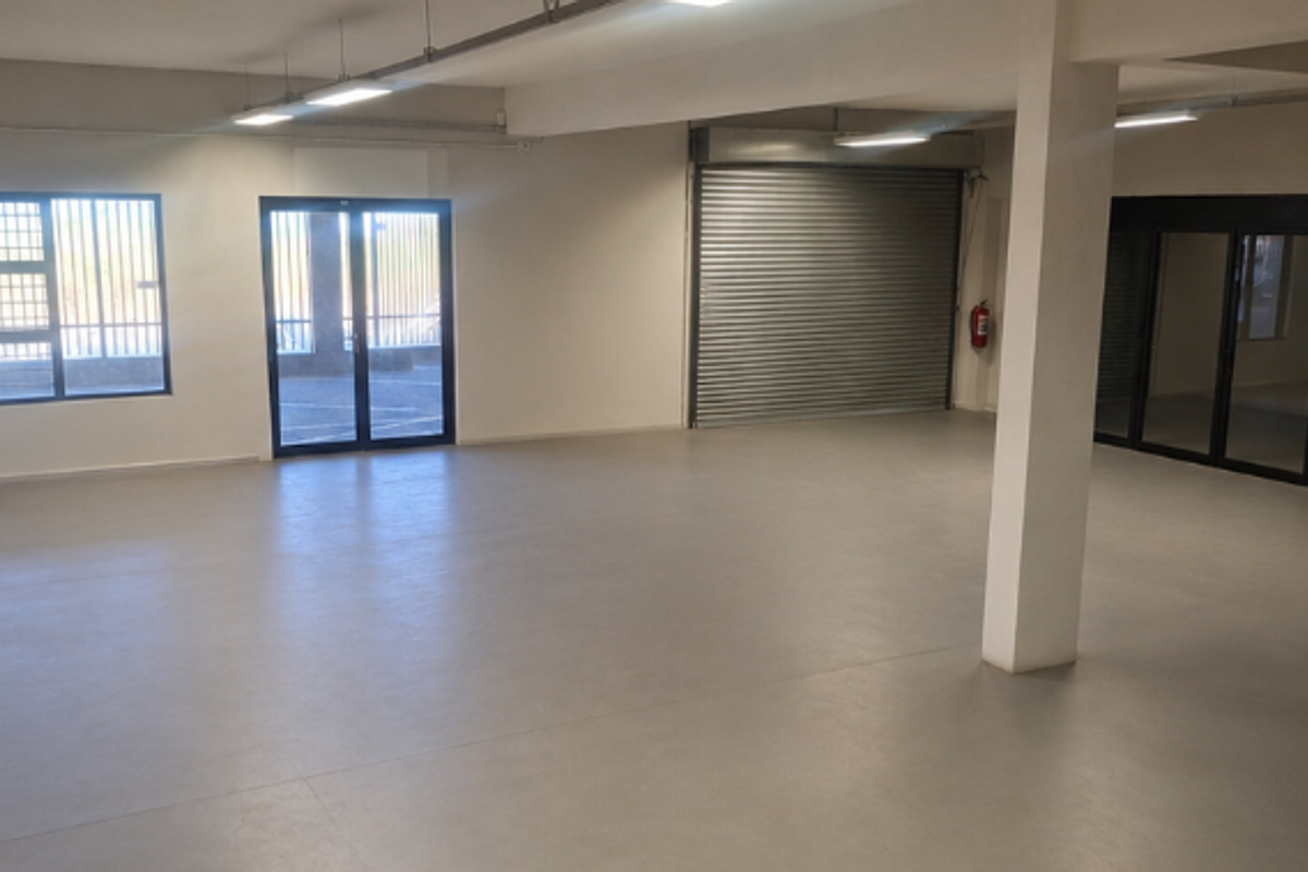 Spacious open-plan office area featuring polished concrete flooring, roller shutter access, and ample natural light through large windows and glass doors.