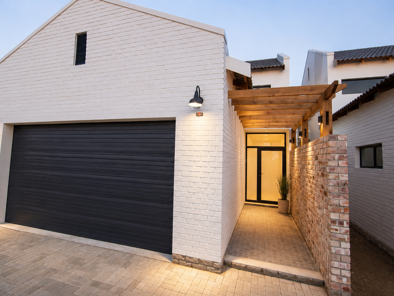 Modern townhouse exterior featuring a white painted brick facade, dark sectional garage door, timber pergola entrance, and a paved driveway with ambient wall lighting.