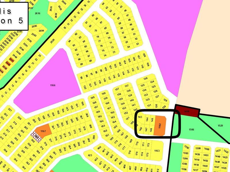 A cadastral map showing the layout and numbering of residential plots within Arandis Extension 5.
