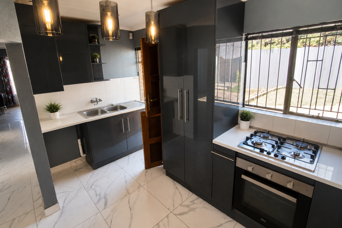 Modern kitchen featuring dark grey cabinetry, marble-look floor tiles, built-in gas hob, oven, and double sink with ample natural light.