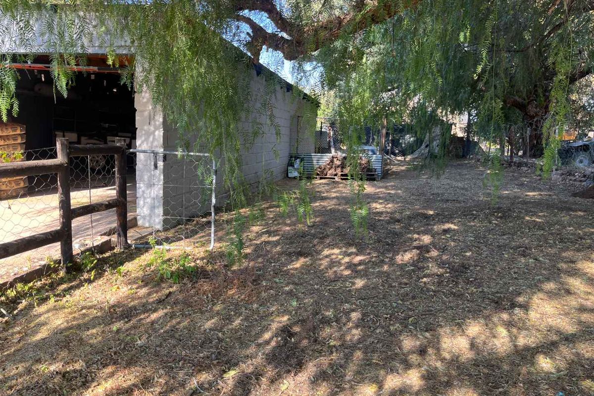 An outdoor area featuring a utility structure with exposed blockwork, adjacent to a large tree and rustic fencing on the small holding property.