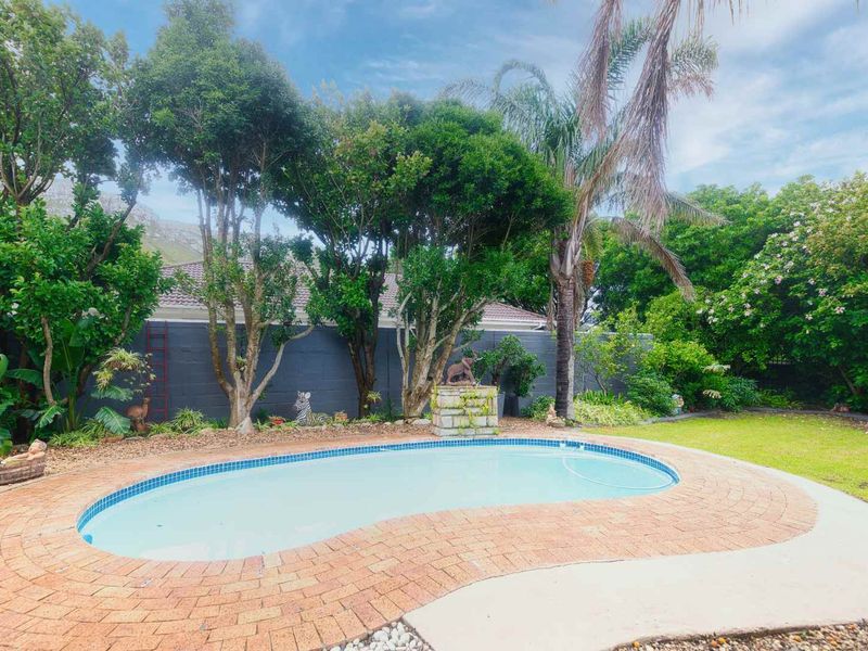 A private backyard featuring a kidney-shaped swimming pool with brick coping, surrounded by a lush garden and a solid boundary wall.