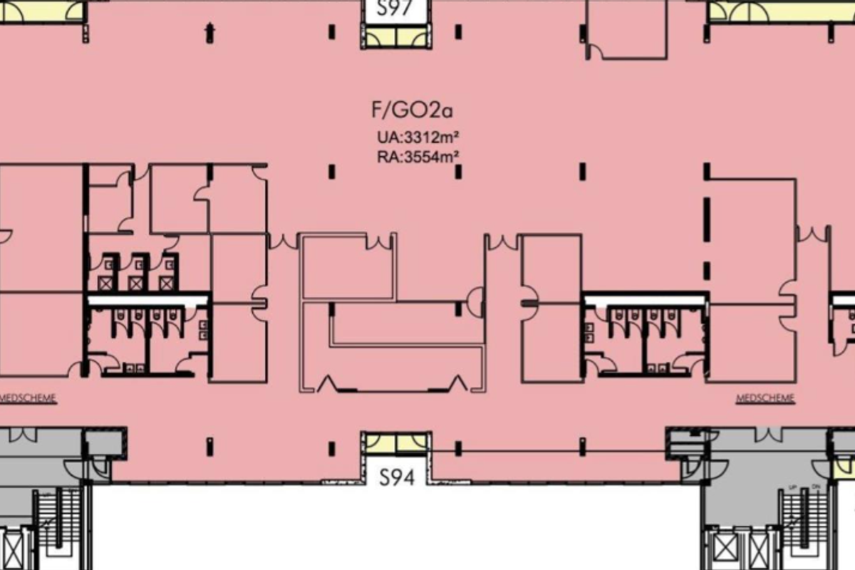 A detailed architectural floor plan showing the layout of the second-level office space in blocks F and G.