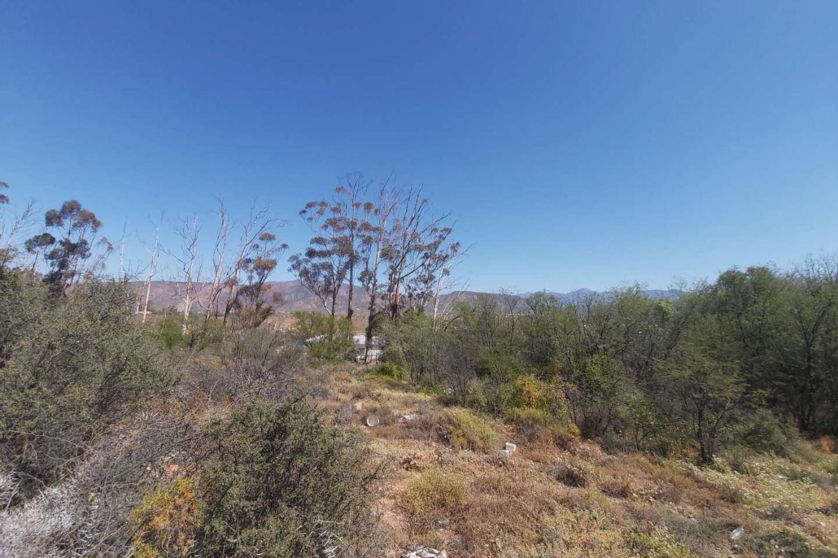A wide-angle view of the vacant residential land featuring natural vegetation and distant mountain scenery.