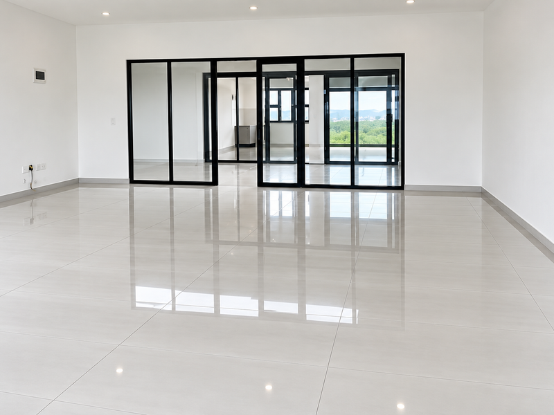 A spacious, modern office area featuring polished porcelain tile flooring and sleek black aluminium-framed glass partitions, offering a bright and professional workspace.
