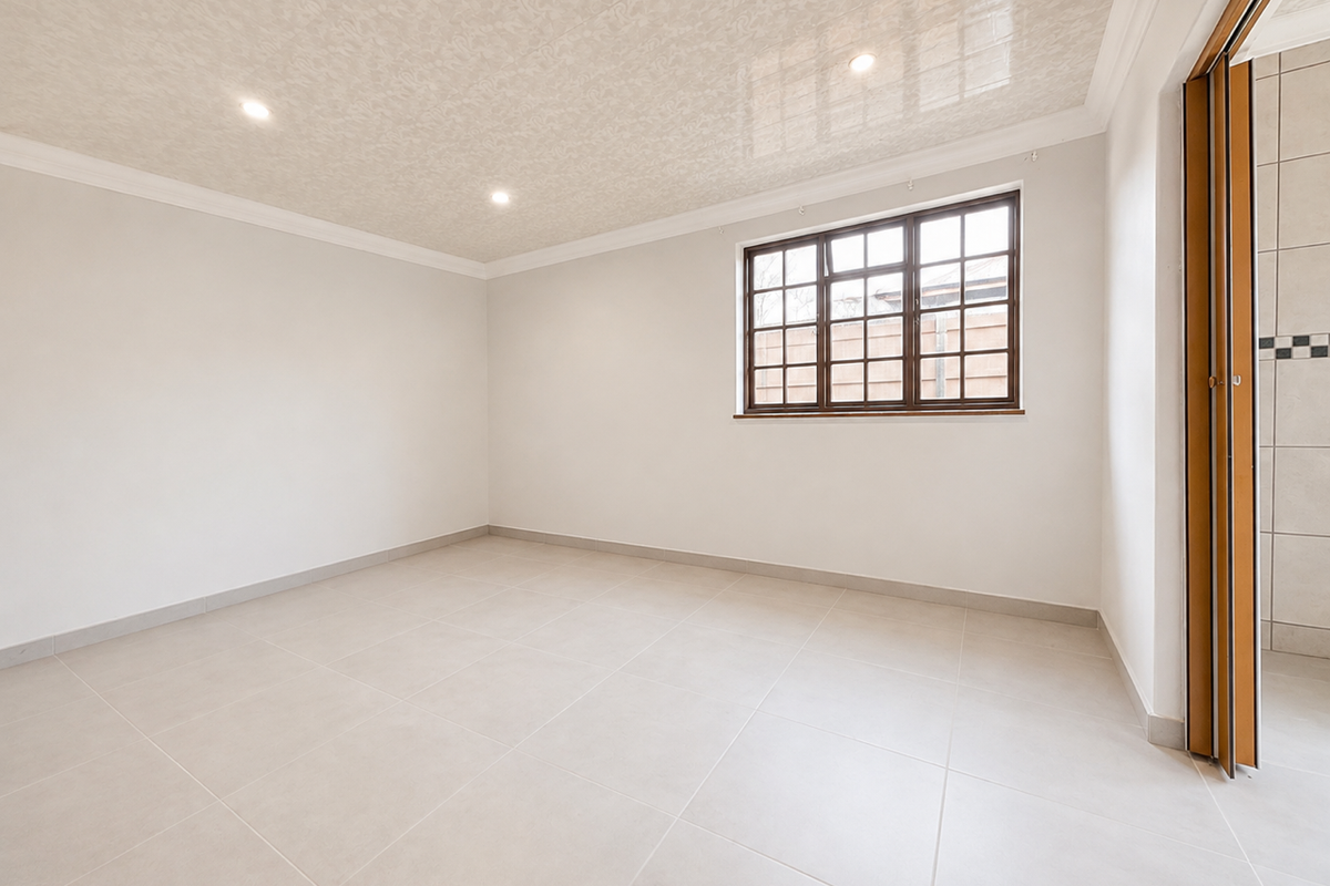 A bright, empty bedroom featuring neutral tiled flooring, recessed downlights, and a window with a grid pattern.