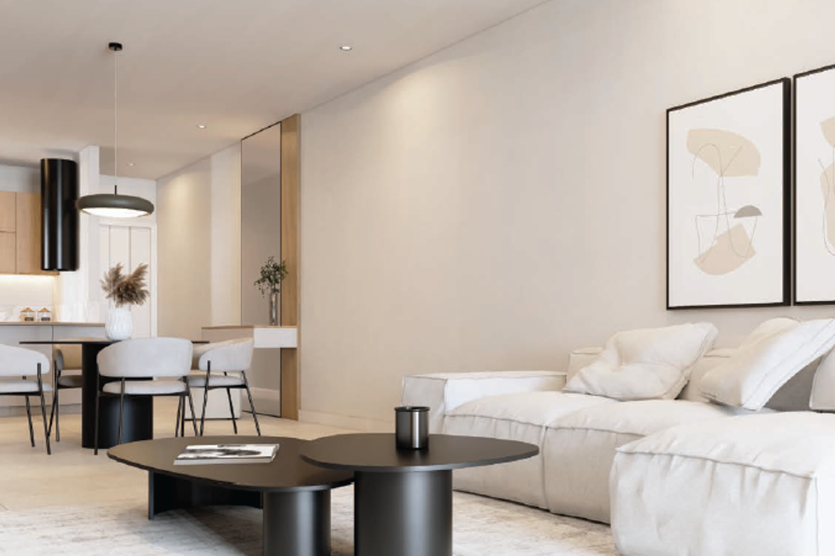 Modern open-plan living and dining area featuring neutral tones, sleek cabinetry, and contemporary lighting fixtures in a well-maintained apartment setting.