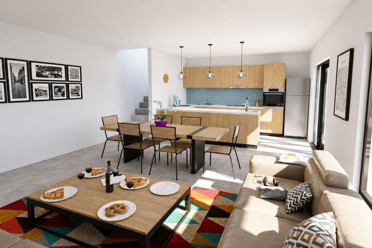 Modern open-plan living and dining area featuring a contemporary kitchen with wood-finish cabinetry, integrated appliances, and large sliding doors leading to the outdoors.