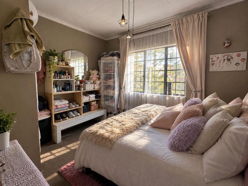 A cozy bedroom featuring carpeted flooring, large windows with security bars, and modern pendant lighting, offering a warm and inviting atmosphere.