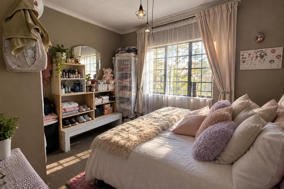 A cozy bedroom featuring carpeted flooring, large windows with security bars, and modern pendant lighting, offering a warm and inviting atmosphere.