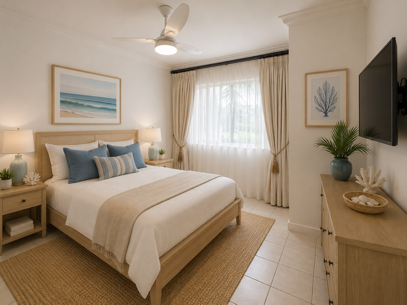 A well-maintained bedroom featuring tiled flooring, a ceiling fan, and a wall-mounted television, offering a bright and comfortable living space.