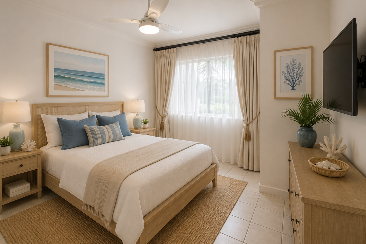 A well-maintained bedroom featuring tiled flooring, a ceiling fan, and a wall-mounted television, offering a bright and comfortable living space.
