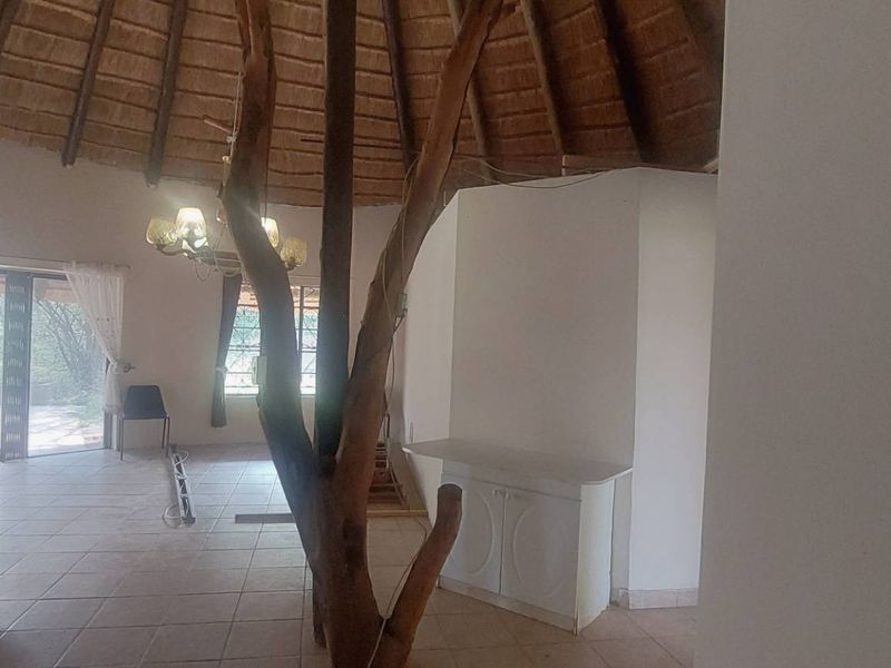 Spacious living area featuring a unique thatched roof with exposed timber rafters, ceramic tiled flooring, and direct access to the outdoor patio.