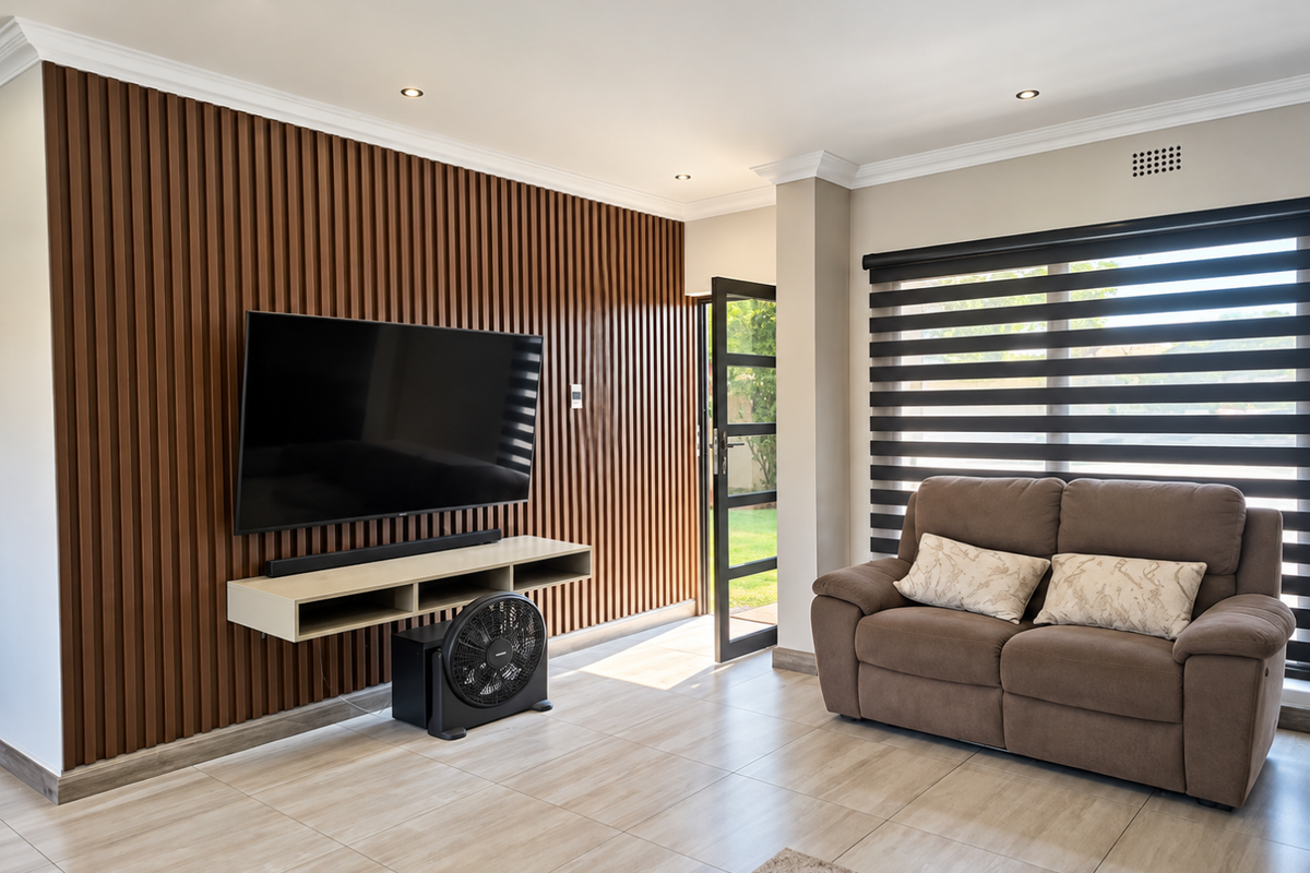 Modern living room featuring a stylish slatted timber accent wall, tiled flooring, recessed lighting, and large windows with contemporary roller blinds.