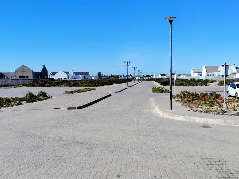 A view of a paved residential street within a housing estate, featuring street lighting and landscaped verges.
