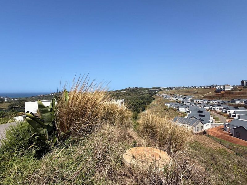 Elevated view overlooking a residential estate development with coastal landscape in the distance.