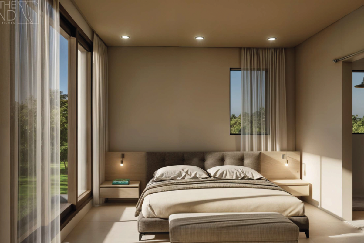 Modern bedroom featuring large floor-to-ceiling windows, recessed ceiling lighting, and integrated bedside cabinetry with wall-mounted reading lights.