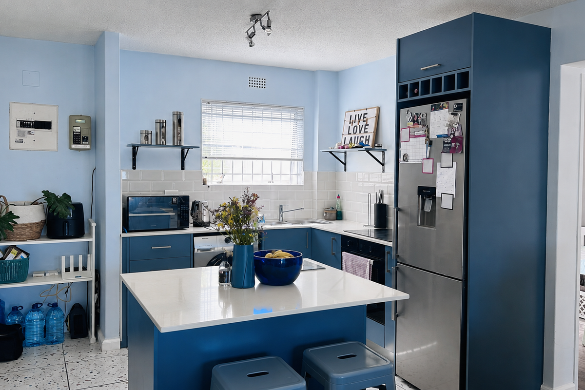 A functional kitchen featuring blue cabinetry, a central island with a quartz countertop, subway tile backsplash, and integrated stainless steel appliances.