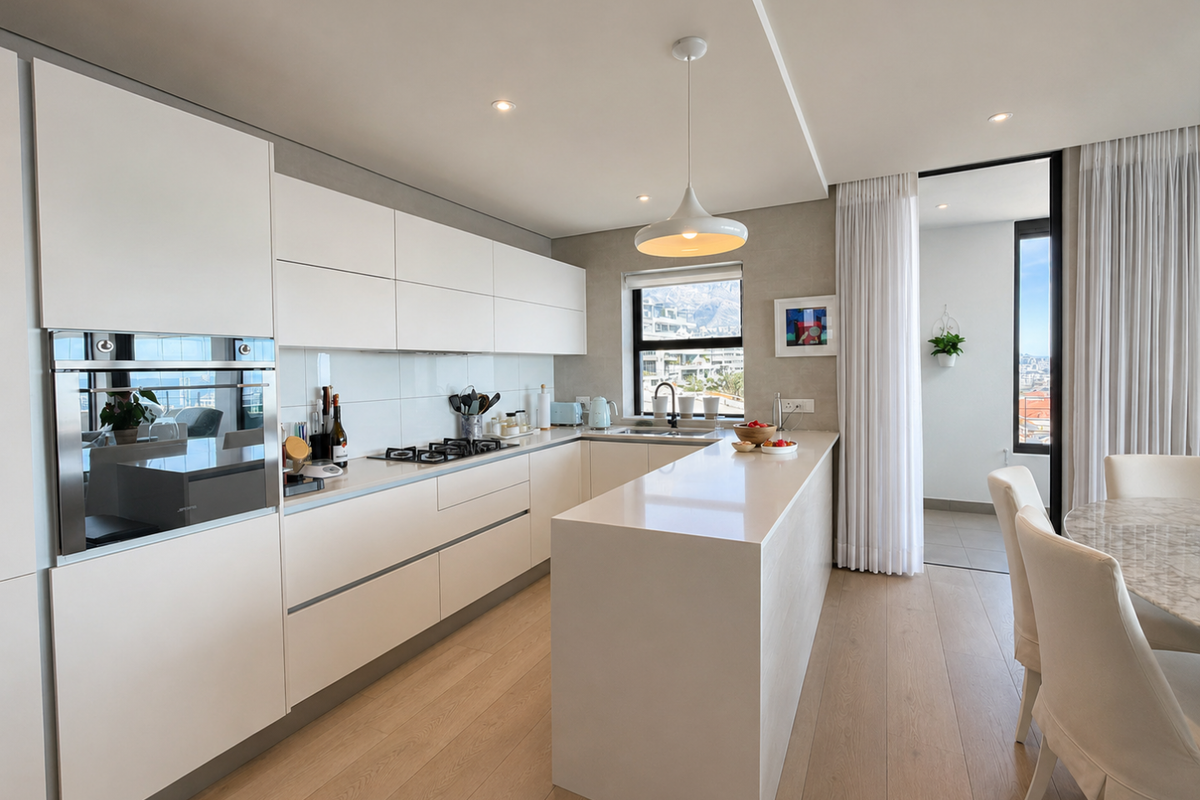Modern kitchen featuring sleek white cabinetry, stone countertops, built-in oven, and gas hob, seamlessly flowing into the dining area with balcony access.