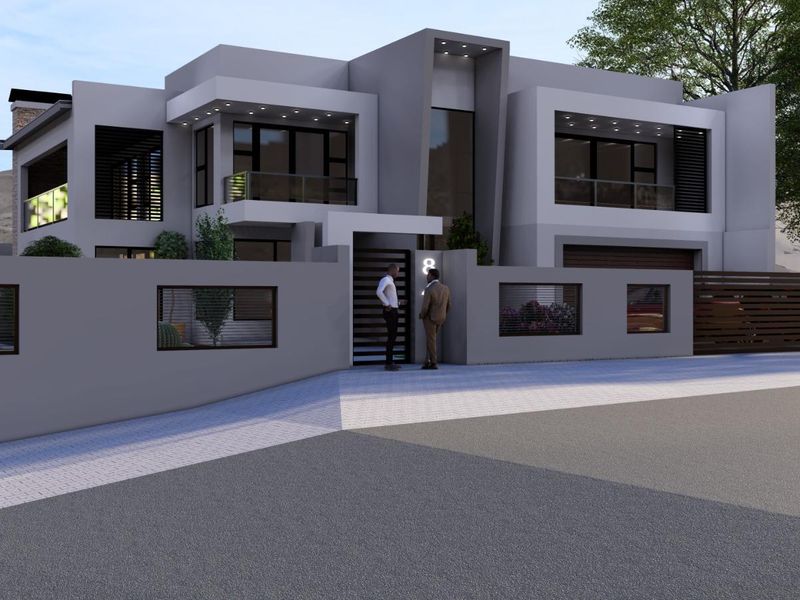 A modern double-story residential facade featuring clean architectural lines, a secure boundary wall, integrated garage, and contemporary balcony design.