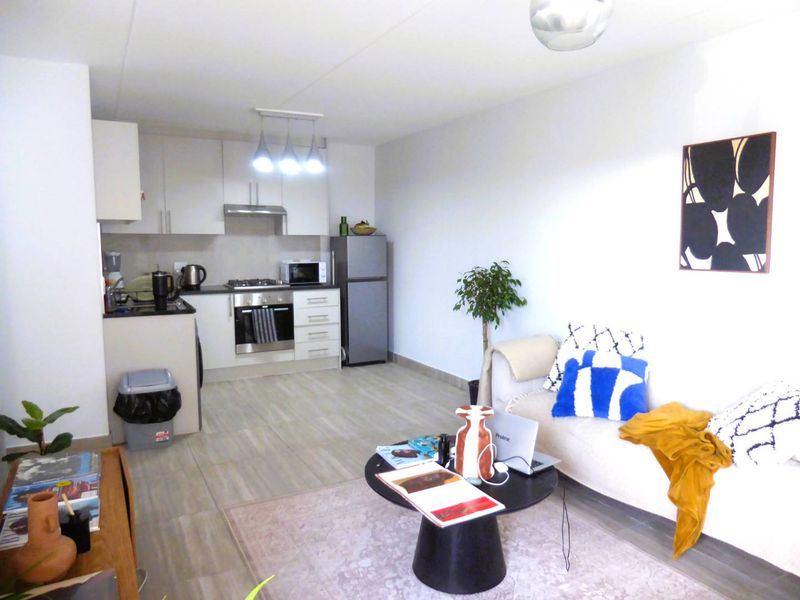 Open-plan living area featuring a modern kitchen with built-in cabinetry, gas hob, oven, and extractor fan, seamlessly flowing into the lounge space.