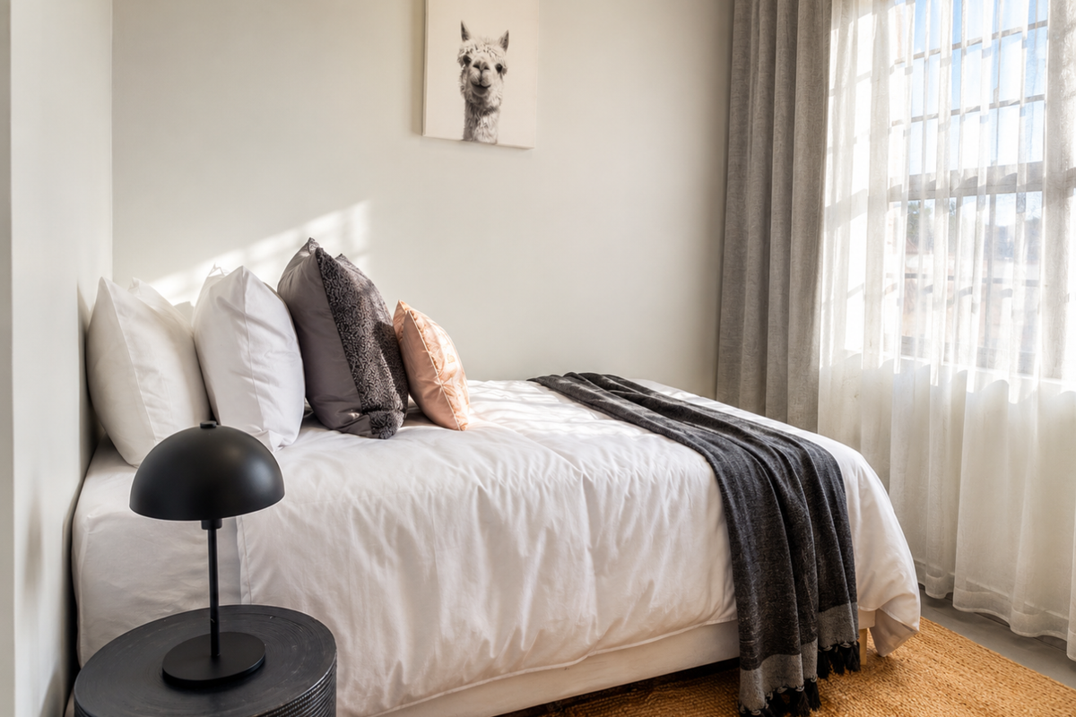 A bright and well-lit bedroom featuring neutral wall finishes, large window with curtain tracks, and tiled flooring.