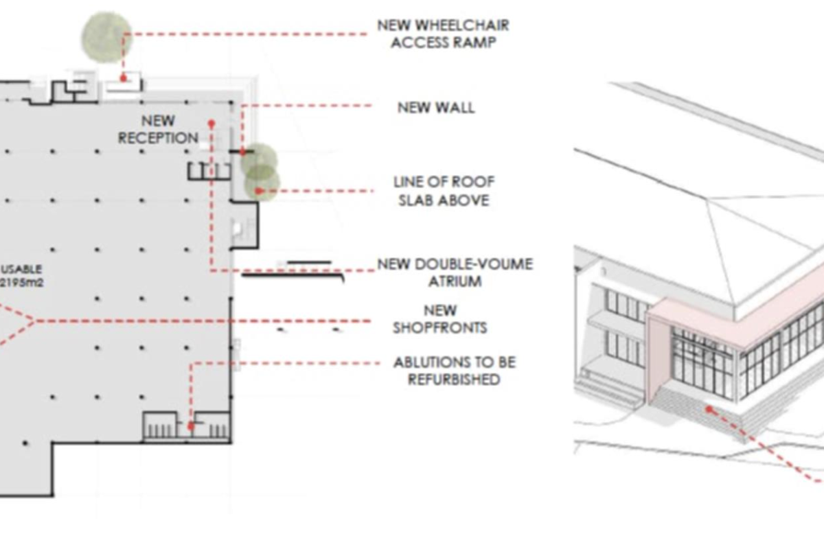 Architectural floor plan and 3D perspective rendering showing proposed office building renovations, including a new reception, atrium, shopfronts, and accessibility upgrades.