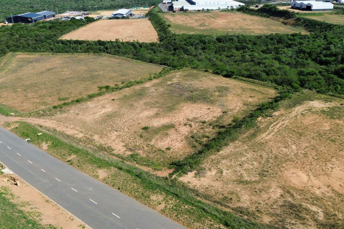 Aerial view of an undeveloped industrial land plot adjacent to a paved road, featuring natural vegetation and surrounding industrial infrastructure.