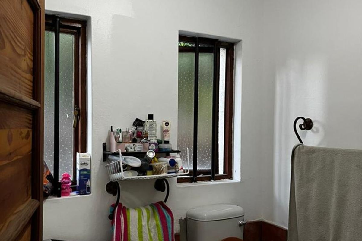 A functional bathroom featuring a pedestal basin, toilet, and dual windows with security bars, finished with simple white walls and coving.