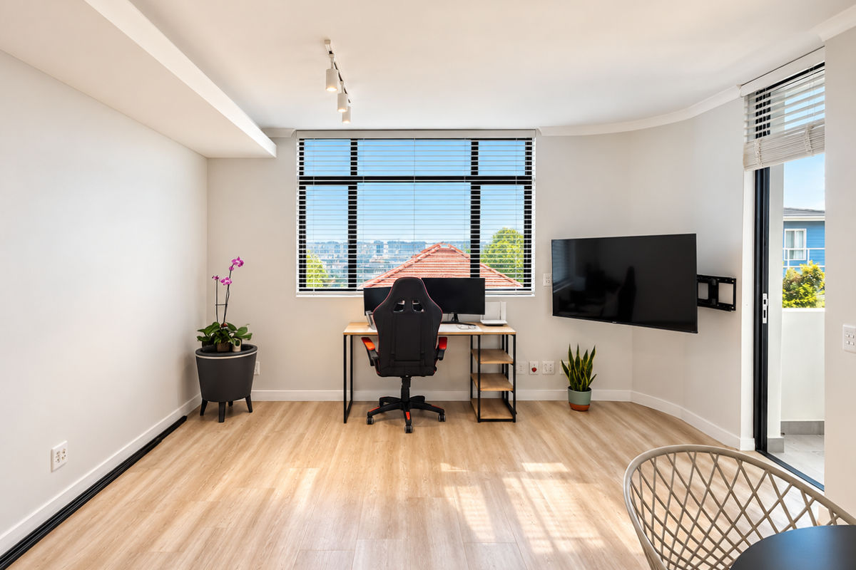 Bright living area featuring light wood-look laminate flooring, track lighting, and a sliding glass door leading to an outdoor space.