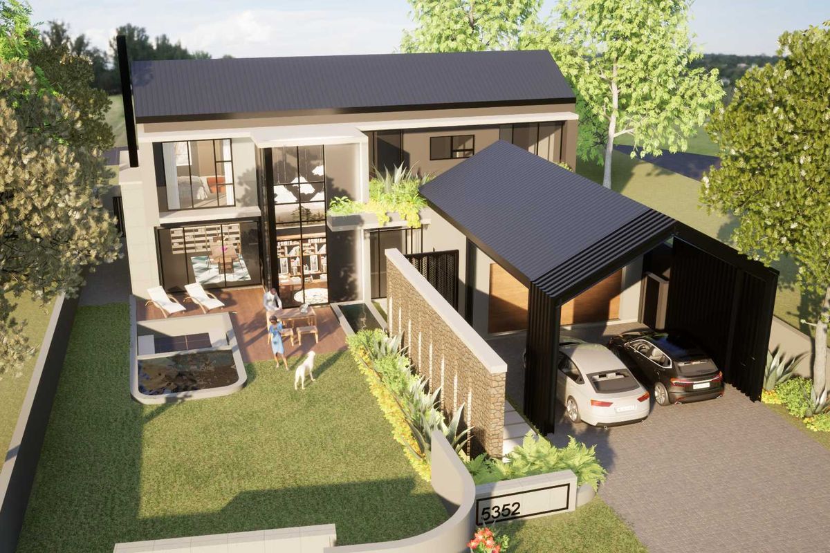 An aerial perspective of a modern architectural house design featuring a double-story structure, integrated garage, landscaped garden, and outdoor patio area.