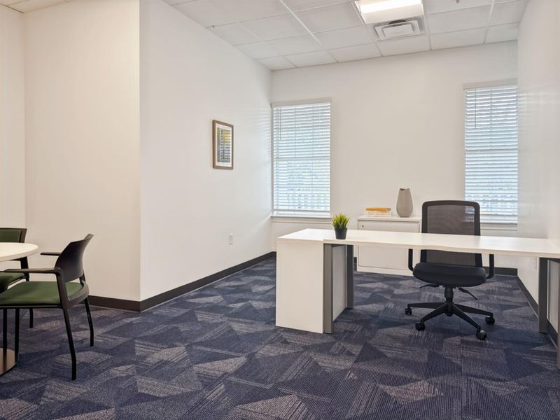 A professional office space featuring patterned carpet tiles, suspended ceiling with recessed lighting, and dual windows with fitted venetian blinds.